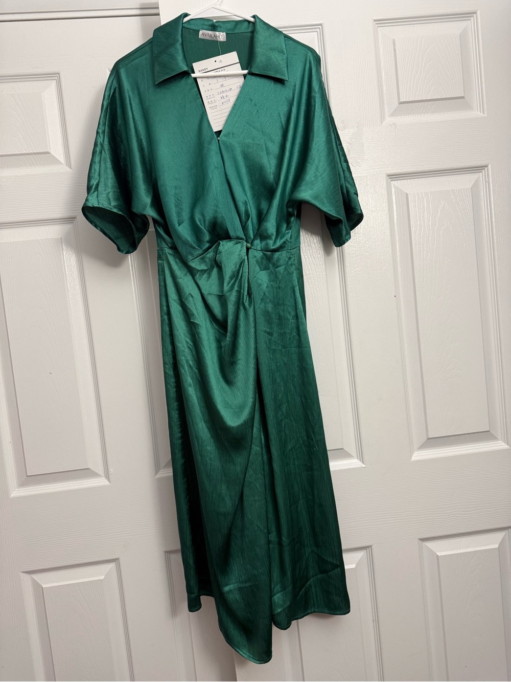 Satin Emerald Wrap-Front Midi Dress